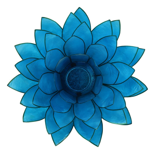 Aqua Blue Capiz Seashells Lotus Flower Votive Tea Light Candle Holder 8.5"D