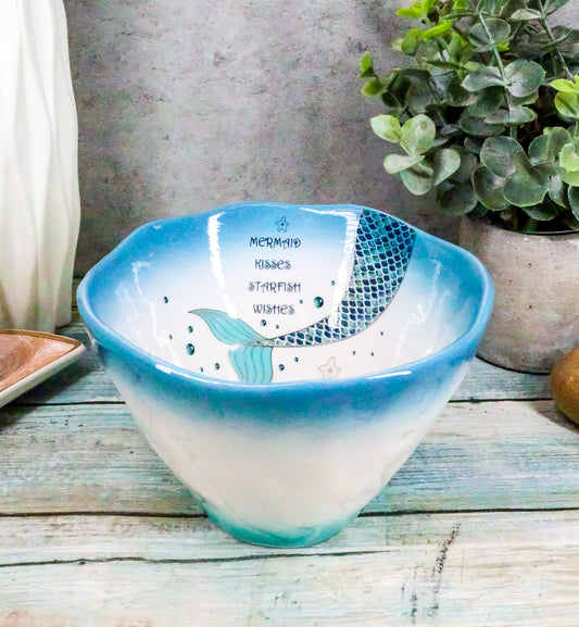 Ebros Nautical Blue Mermaid Kisses Starfish Wishes Small Soup Bowl 16oz Set of 2