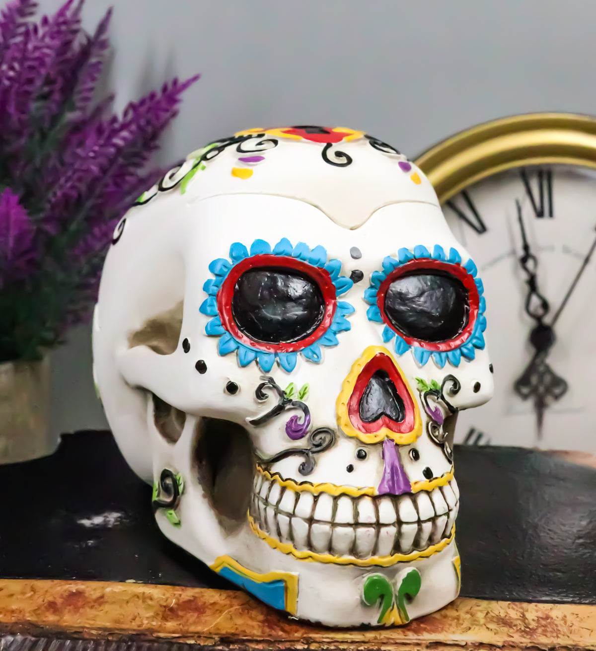 Ebros Day of The Dead White Sugar Skull Ashtray Tribal Tattoo Skull Figurine 5"Long - Ebros Gift