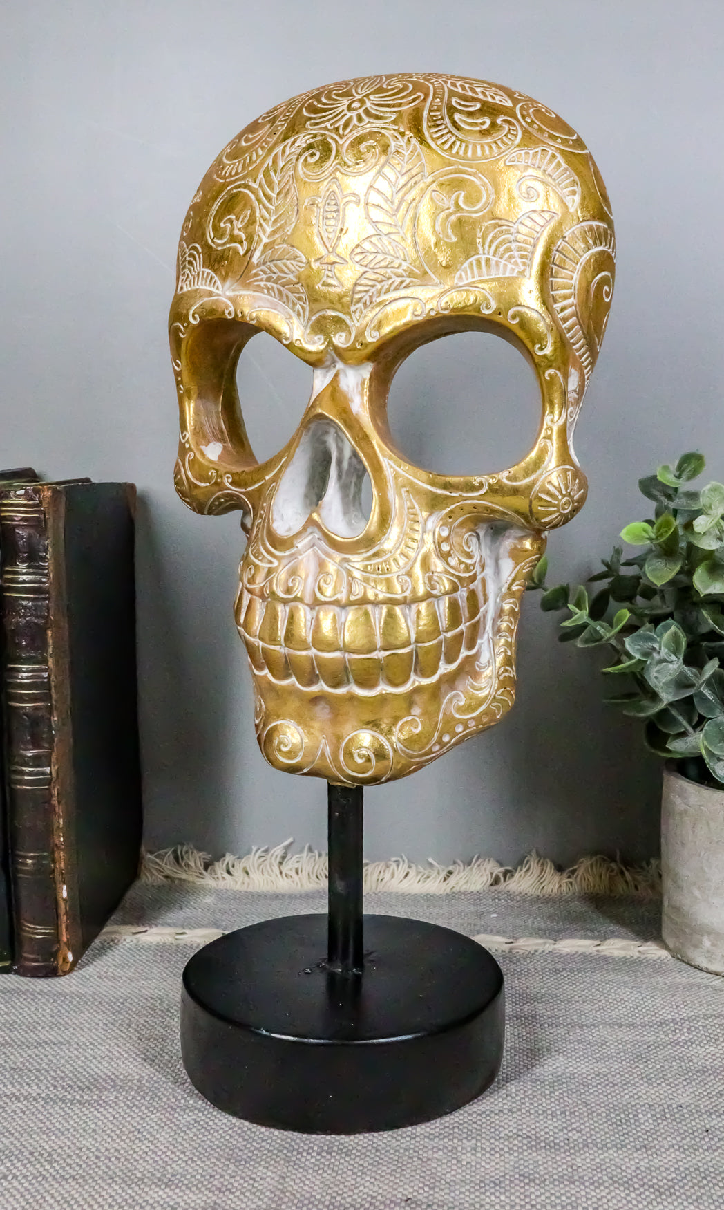 Day Of The Dead Golden Tooled Floral Sugar Skull Mask Sculpture On Museum Stand