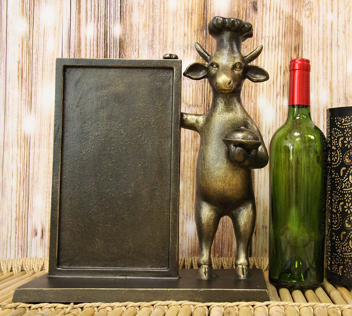 Ebros Aluminum Whimsical Wall Street Bull with Chef Hat Standing by A Menu Board Statue 14" Tall Rustic Bulls Cows Home Kitchen and Dining Countertop Table Decor Sculpture