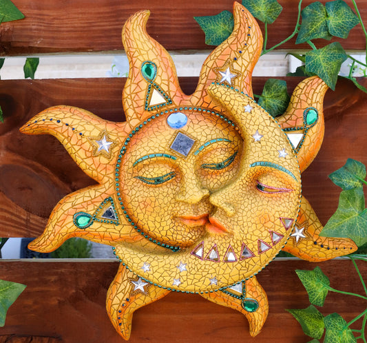 Ebros Orange Mosaic Face Sun with Yellow Mosaic Moon, 13"H Wall Plaque Decor - Ebros Gift