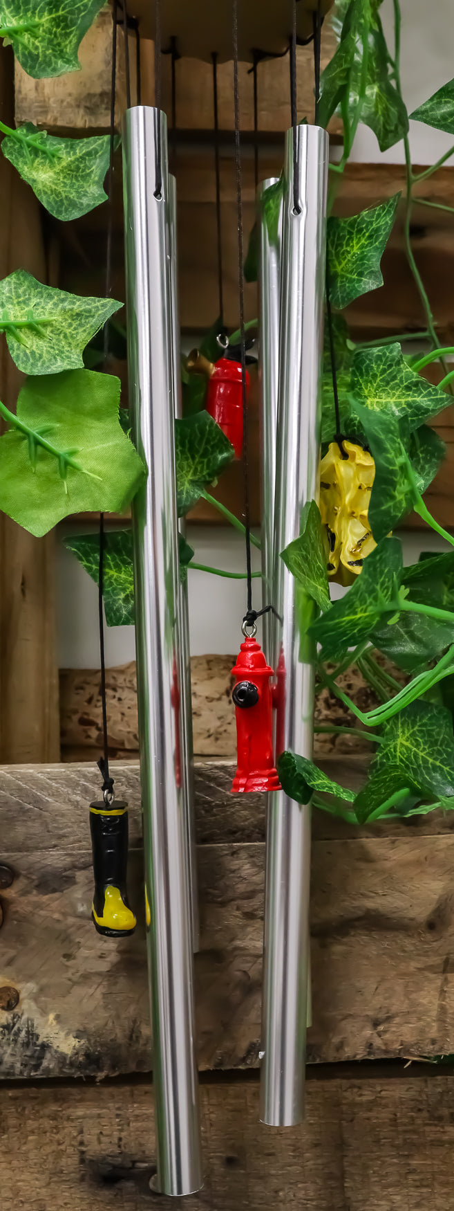 In Line of Duty Fireman With Fire Hose By Red Hydrant Wind Chime Garden Decor - Ebros Gift