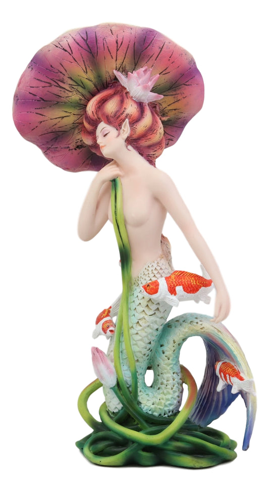 Ebros Sheila Wolk Pulse of The Pond Mermaid by Flower Umbrella and Koi Fishes Statue 9" Tall Mythical Fantasy Siren Mermaids Nautical Decor Figurine
