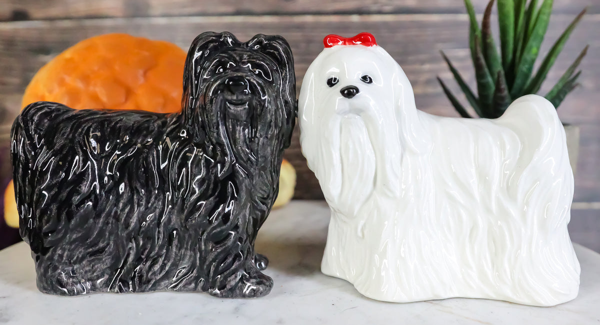 Adorable Pedigree Canine Black White Maltese Dogs Ceramic Salt Pepper Shakers
