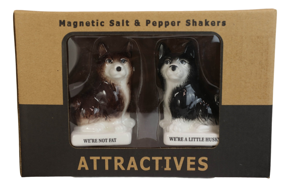 Ceramic 'Not Fat' Black Brown Huskies Dogs Salt And Pepper Shakers Figurine Set