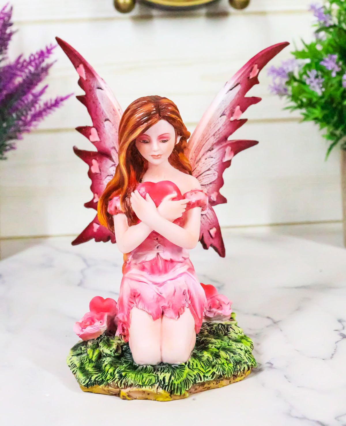 My Heart's Fancy Pink Flower Fairy With Giant Heart in Green Meadows Figurine