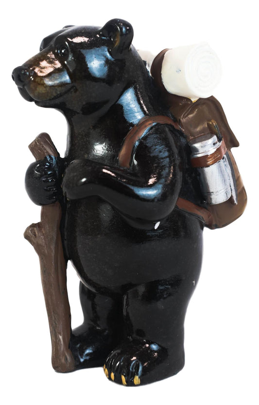 Western Rustic Backpacking Black Bear With Trekking Pole On A Hike Figurine