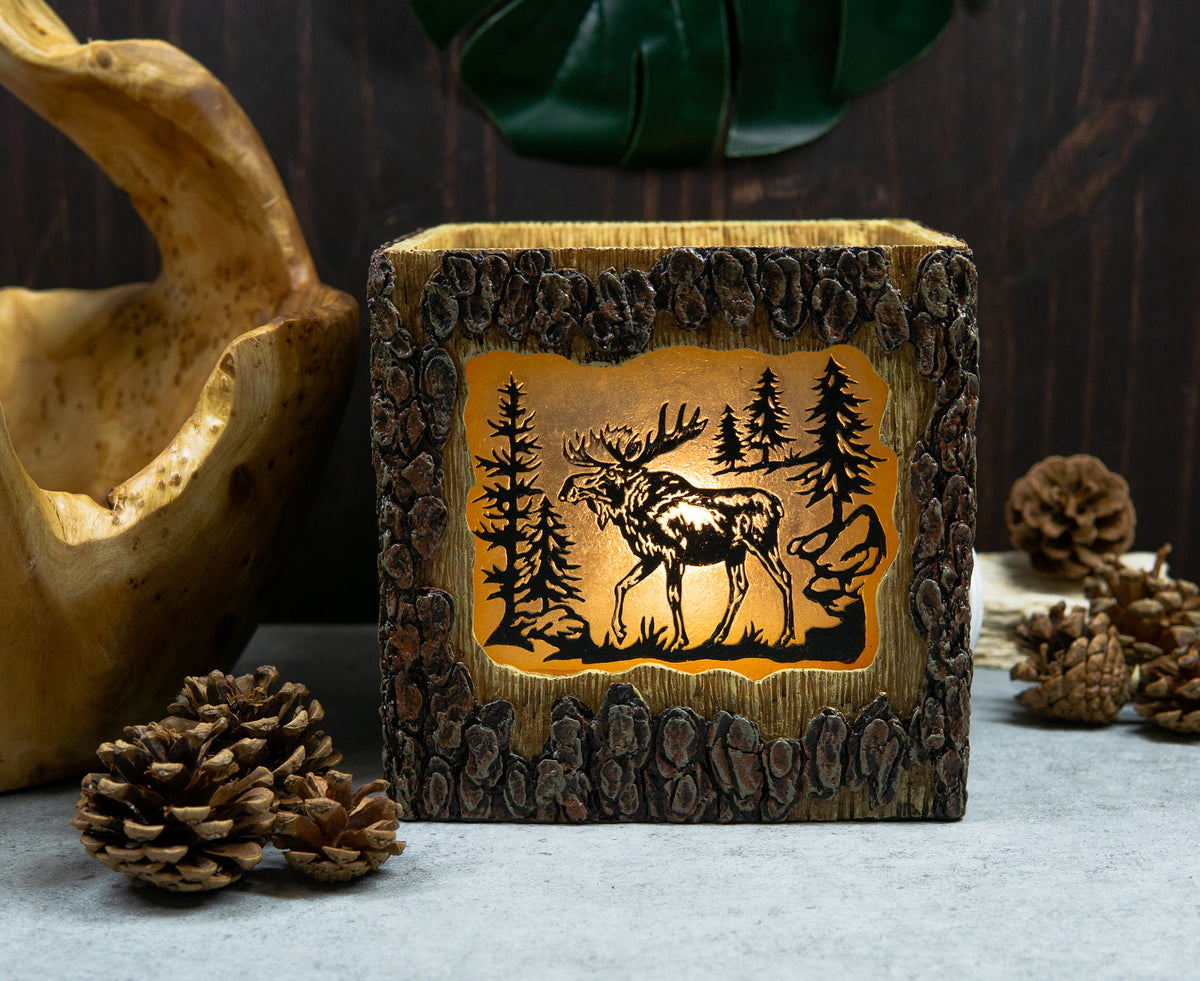 Rustic Pine Forest Elk Moose Faux Carved Wood Bark Night Light Lamp Sculpture
