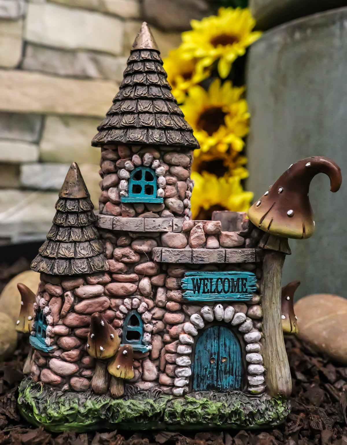 Fairy Garden LED Light Up Cottage Stone House With Welcome Sign Door Figurine