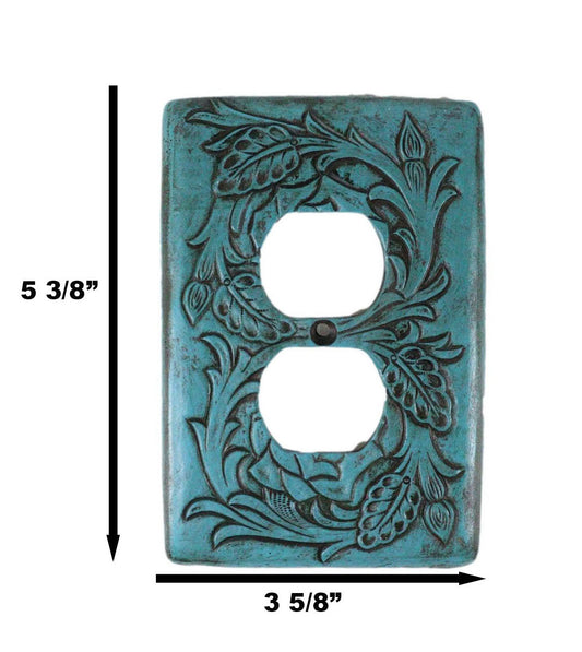 Set of 2 Western Tooled Floral Turquoise Wall Double Receptacle Outlet Plates - Ebros Gift