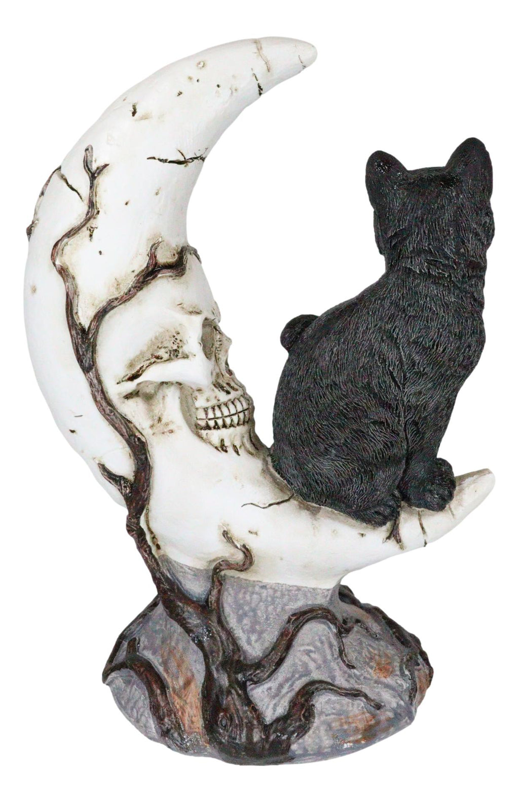 Witching Hour Halloween Black Cat Sitting On Crescent Moon Skull Figur ...