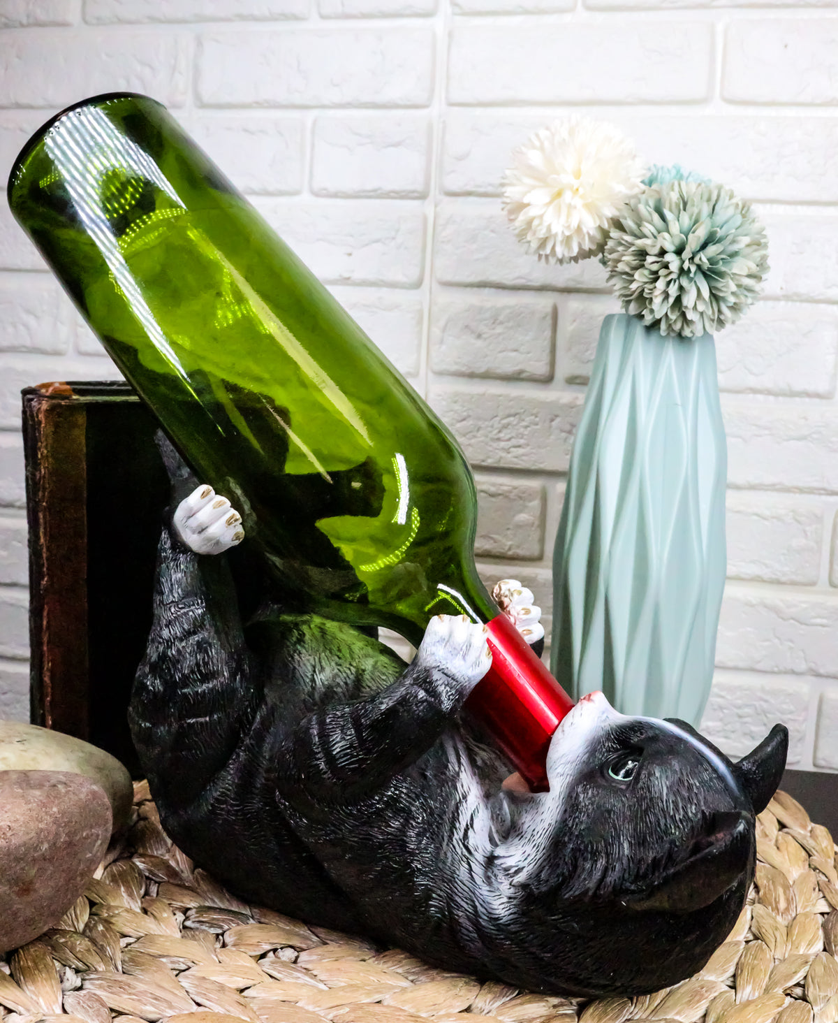 Ebros Feline Black and White Tuxedo Cat Wine Bottle Holder Caddy Figurine - Ebros Gift