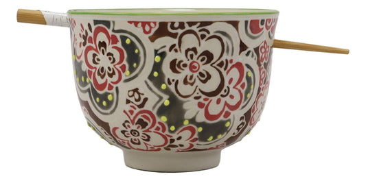 Ebros Gift Persian Summer Colorful Floral Blossoms Ramen Udong Noodles 5" Diameter Bowl With Built In Chopsticks Rest and Bamboo Chopstick Set for Dining Soup Rice Meal Bowls Decor Kitchen