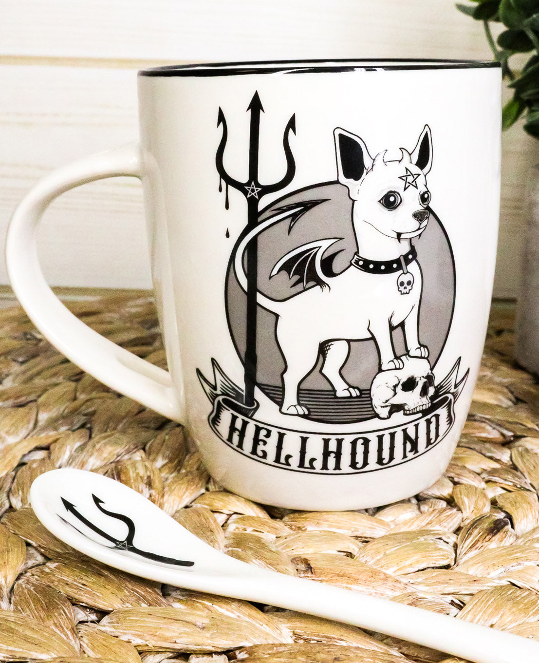 Wicca Sacred Hellhound Pentagram Devil Dog Porcelain Mug With Spoon Set 13oz