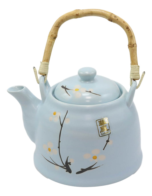 Japanese Sakura Cherry Blossom Branches Pastel Blue Ceramic Tea Pot Teapot 36oz - Ebros Gift