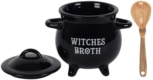 Witches Broth Cauldron Ceramic Bowl with Broom Spoon - Ebros Gift