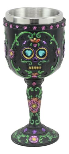 Ebros Day of The Dead Ossuary Wedding Black Sugar Skull Wine Goblet 7oz Chalice