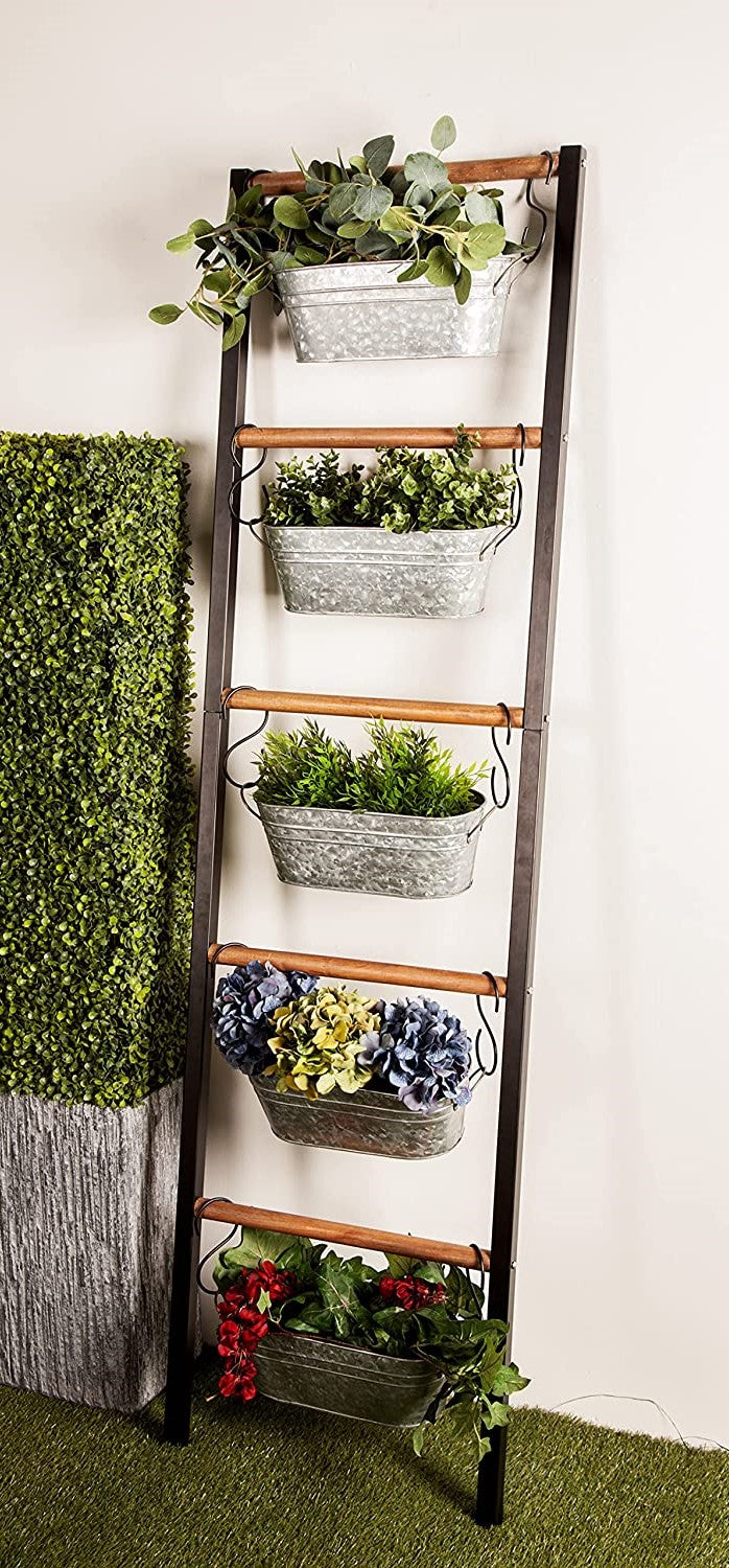 ladder hanging planter 75"H Rustic Galvanized Metal Wood Farmhouse Planter 5 Bucket Tiered La– Ebros Gift