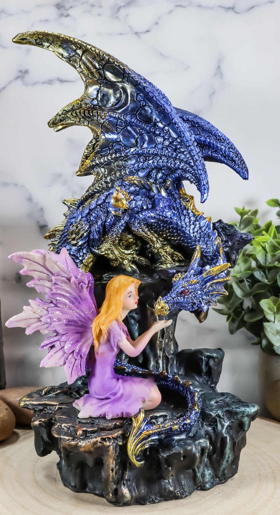 Ebros Purple Fairy Kneeling by Blue Zirconia Dragon On Rock LED Light Figurine