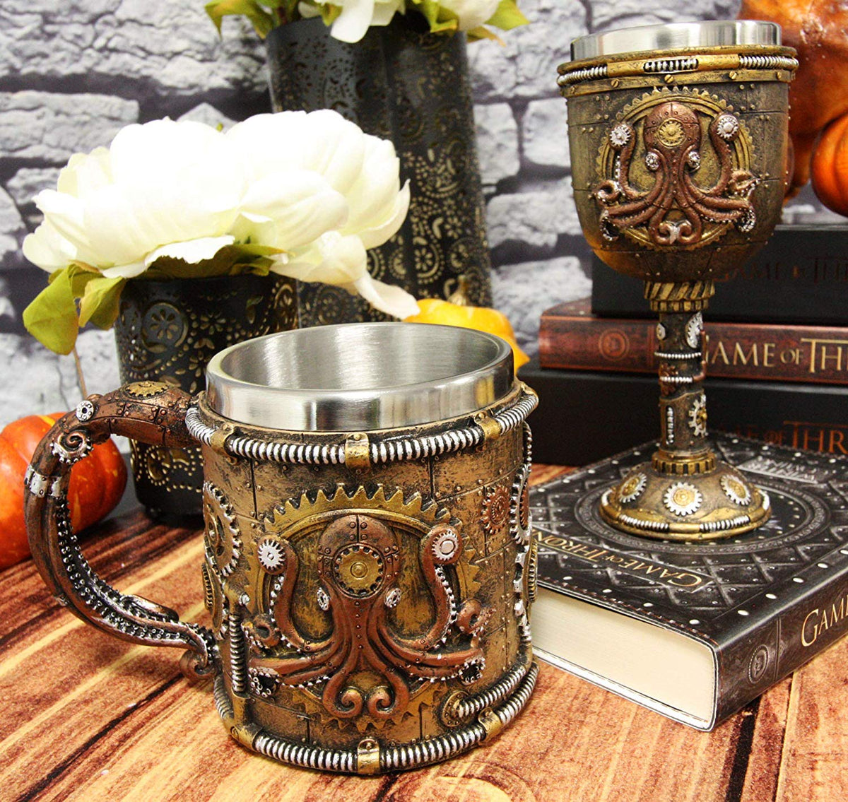 Ebros Steampunk Kraken Octopus Cyborg Drinkware Wine Goblet And Mug Set