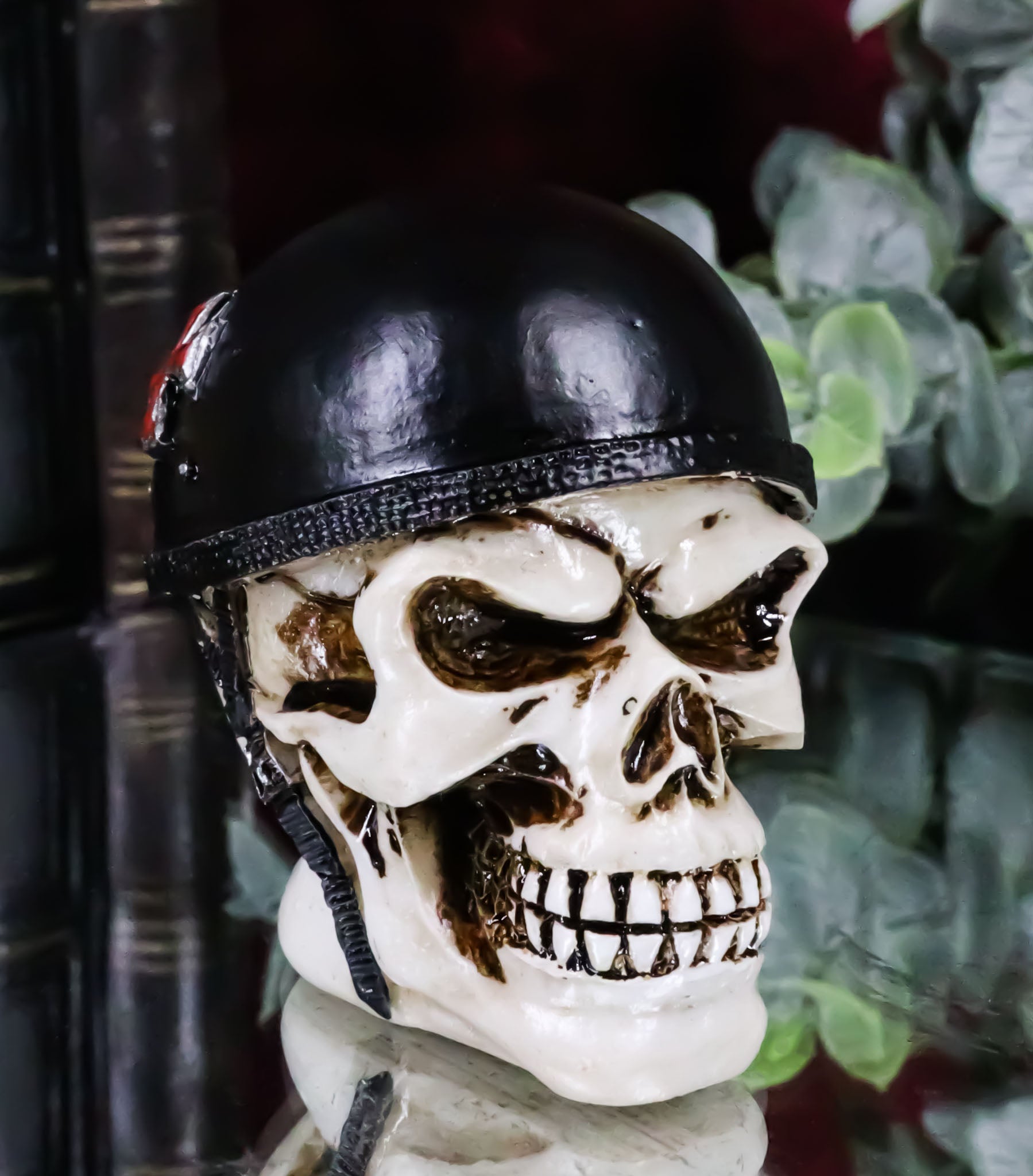 Day of The Dead Biker Skull Skeleton with Red Cross Black Helmet