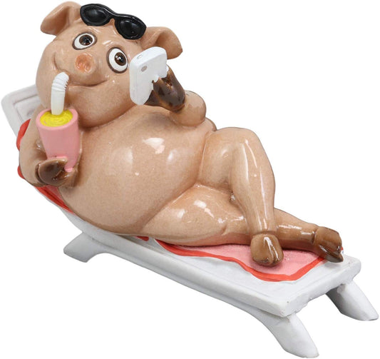 Ebros Beach Body Brody The Pig Sunbathing While Slurping Sundae and Reading Book Statue 7.25" Wide Home Decor Figurine for Bar Shelf Countertop Desktop Table Accessory Party Hosting Prop