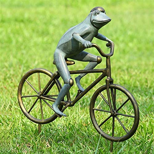 Ebros Gift 26.75" Tall Aluminum Metal Whimsical The Expedition Bicycling Frog with Helmet Garden Stake Statue Frogs Patio Pool Pond Lawn Yard Decorative Sculpture Feng Shui Zen Accent - Ebros Gift
