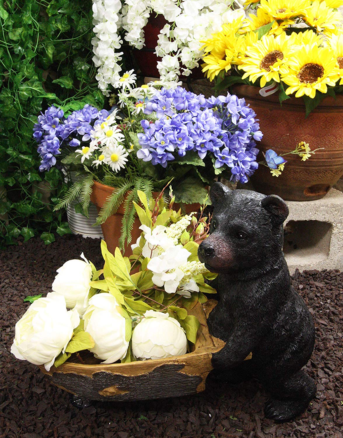 Ebros Gift Large Rustic Wildlife Black Bear Pushing Wheelbarrow Cart Flowers Or Plants Planter Statue 16.25" Long Decorative Bears Statue Cabin Lodge Mountain Lake Resort Gardening Accent Decor