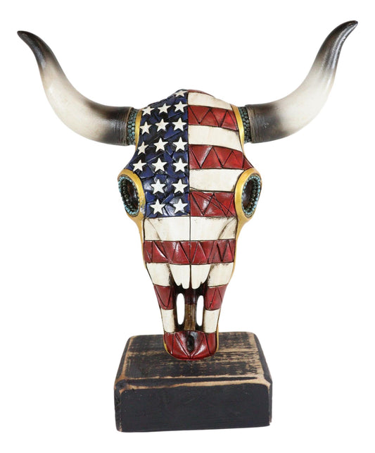 Western Old Faithful Patriotic USA American Flag Cow Skull Desktop Plaque Statue