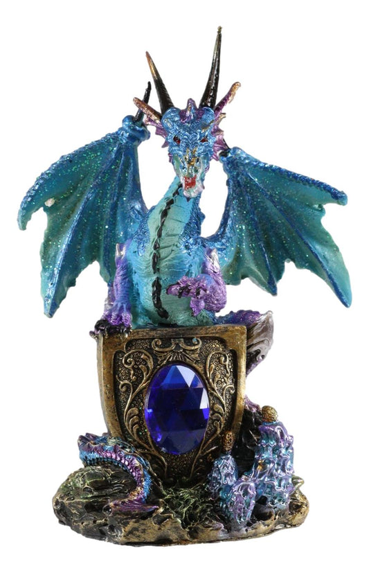 Aqua Azure Dragon Guarding Blue Saphire Ancient Relic Stone Figurine Collectible - Ebros Gift