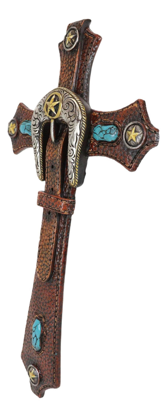 Set of 3 Rustic Western Turquoise Rocks Belt Buckle Conchos Wall Crosses Decor - Ebros Gift