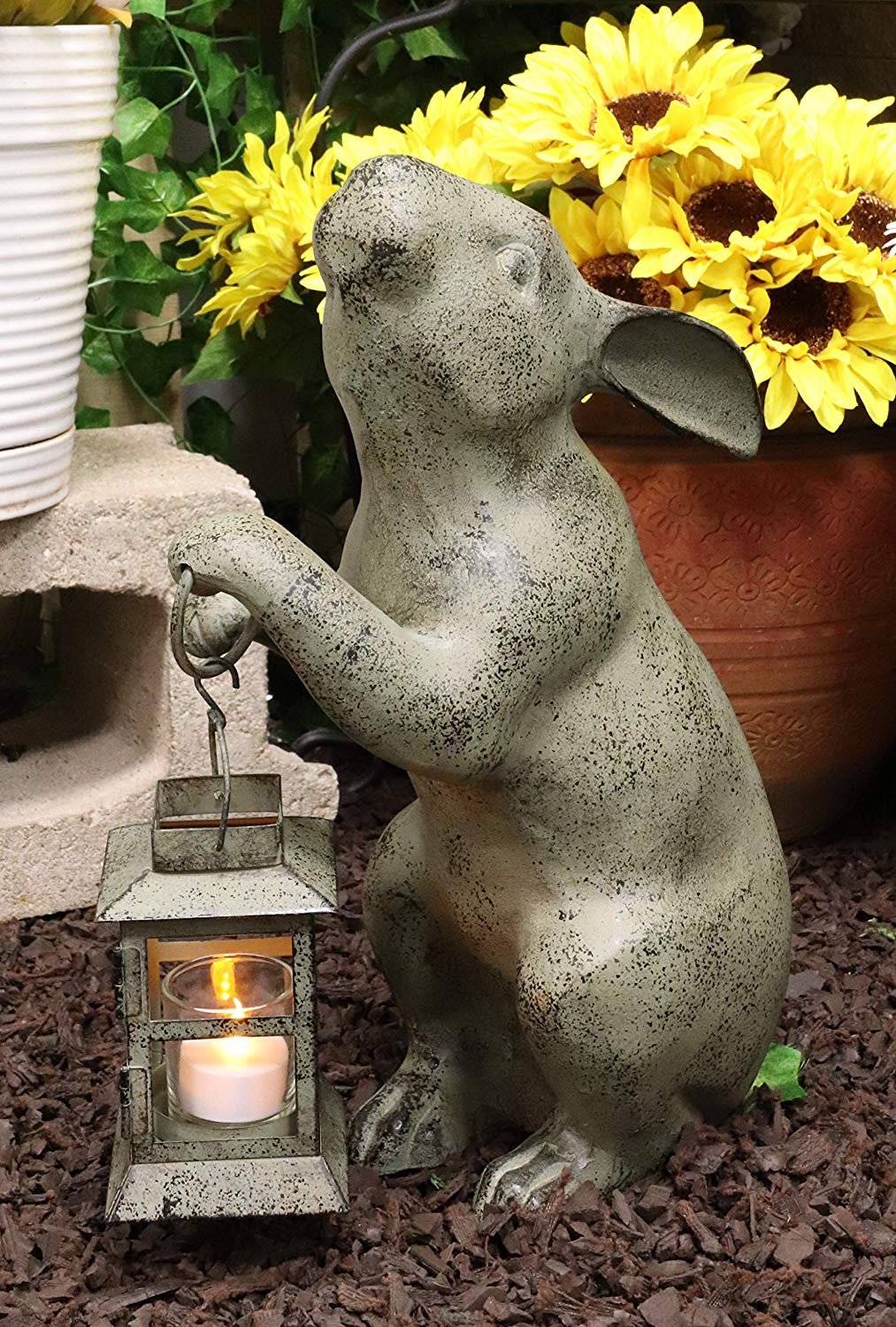 Ebros Verdi Green Bunny Rabbit Holding Rustic Lantern Votive