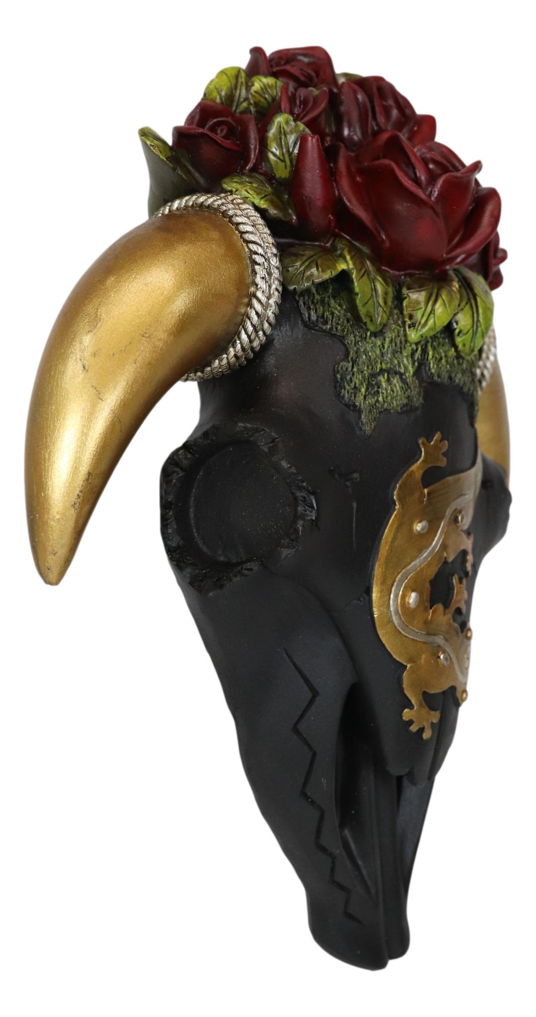 Rustic Western Black Cow Skull With Gecko Lizard And Red Roses Wall Decor Plaque - Ebros Gift
