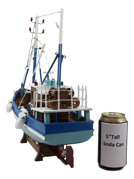 Ebros 18"L Blue Maine Fishing Shrimping Lobster Boat Model with Wood Base Figure - Ebros Gift