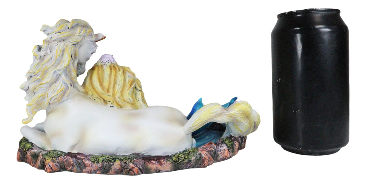 Blonde Mermaid Siren Princess Ariel With Rare White Unicorn In Lily Pond Statue