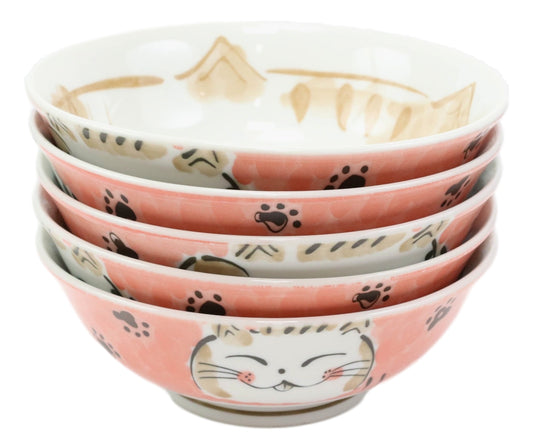 Made In Japan Pink Lucky Cat Maneki Neko 32oz Soup Pasta Cereal Bowls Set of 5