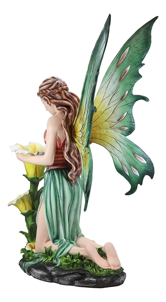 Ebros Large Crown Braided Hair Fairy Kneeling by Yellow Lilies Statue 28" Tall Reflection of A Faerie FAE Nymph Pixie Magic Collectible Figurine Fantasy Fairies Pixies Nymphs Home Decor