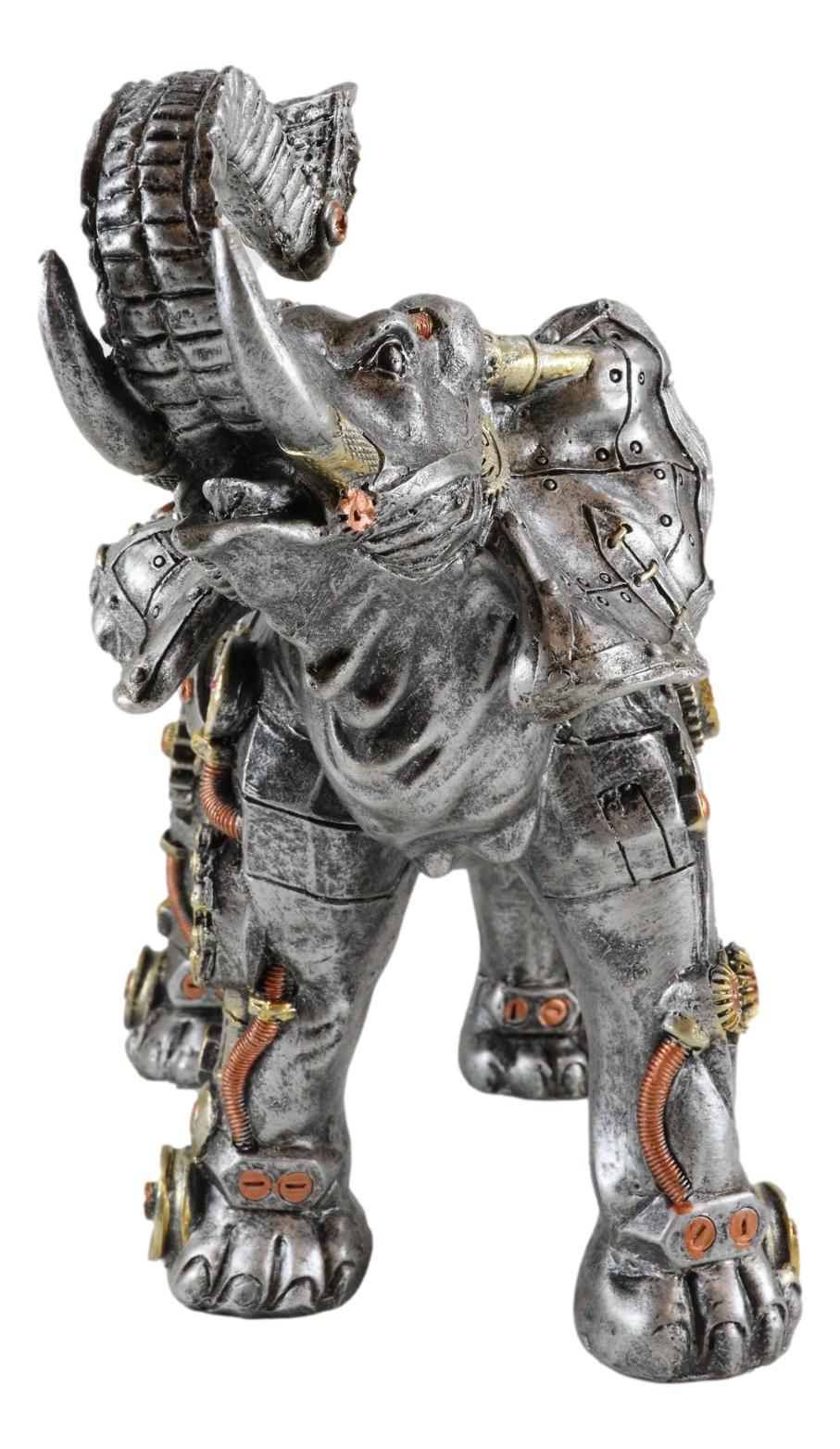 Ebros Steampunk Pressure Valve Geared Cyborg Elephant with Trunk Up Figurine