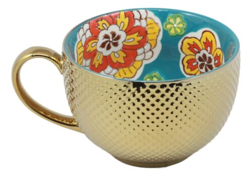 Large Luxury Gold Plated Ottoman Style Turquoise Flower Mug Bowls 28oz Set Of 3 - Ebros Gift