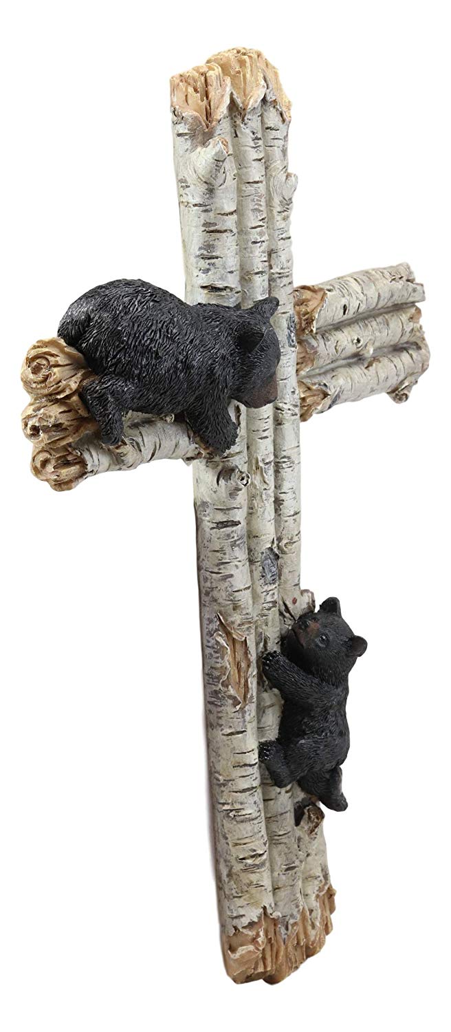 Ebros Gift 17" Tall Large Rustic Western 2 Playful Climbing Black Bears On Birch Tree Wall Cross Decor Hanging Sculpture Catholic Christian Country Bear Cubs Cabin Lodge Accent Decorative Crosses - Ebros Gift