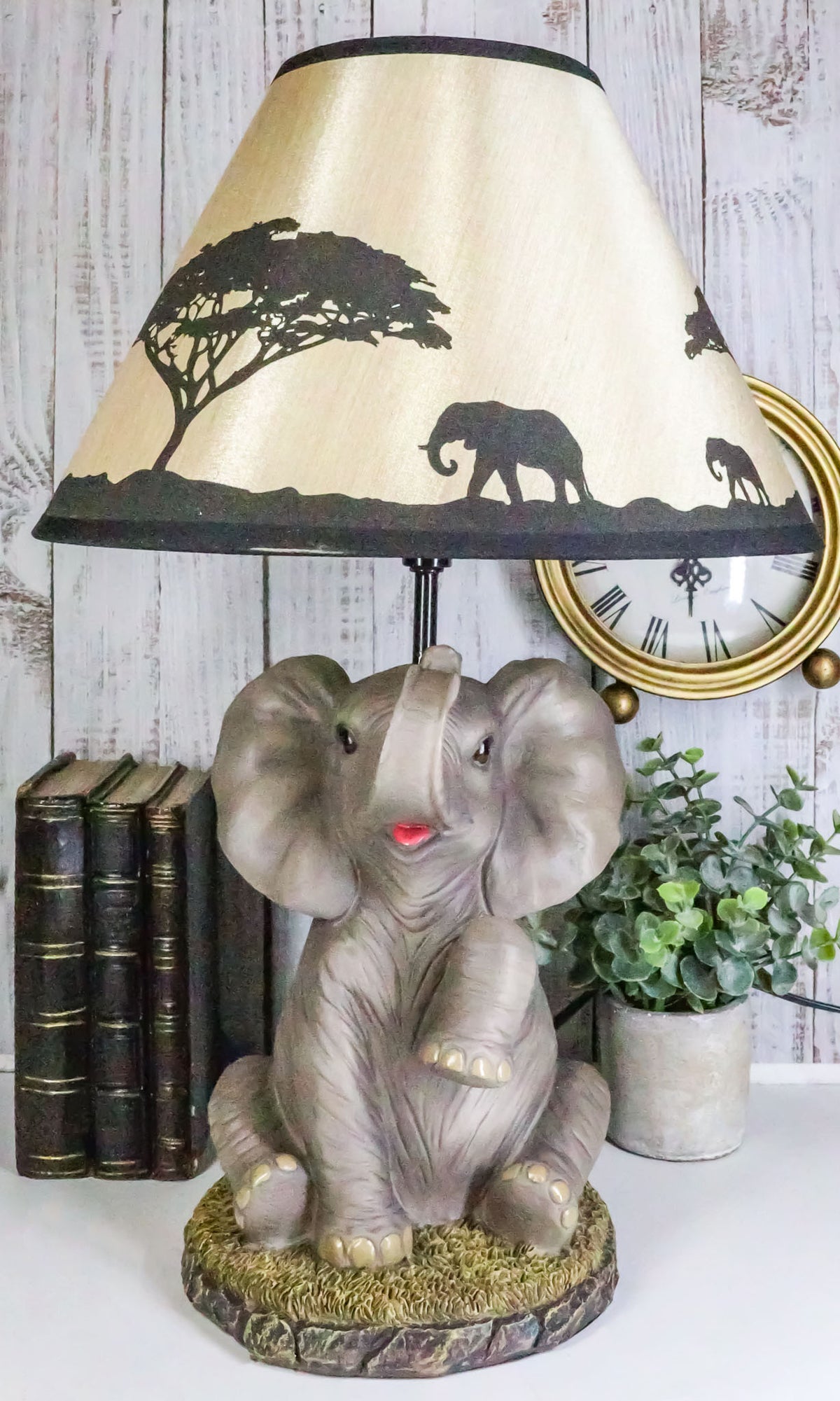 African Safari Glow Sitting Elephant with Trunk Up Desktop Table Lamp With Shade