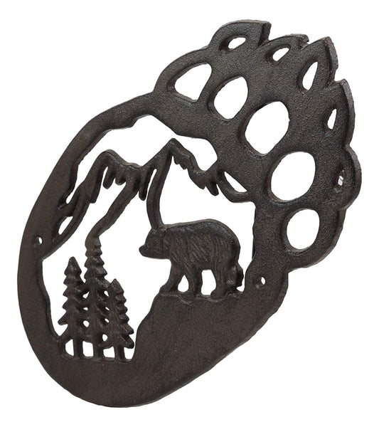 Western Black Bear Paw With Pine Tree Forest And Mountain Cast Iron Wall Decor - Ebros Gift
