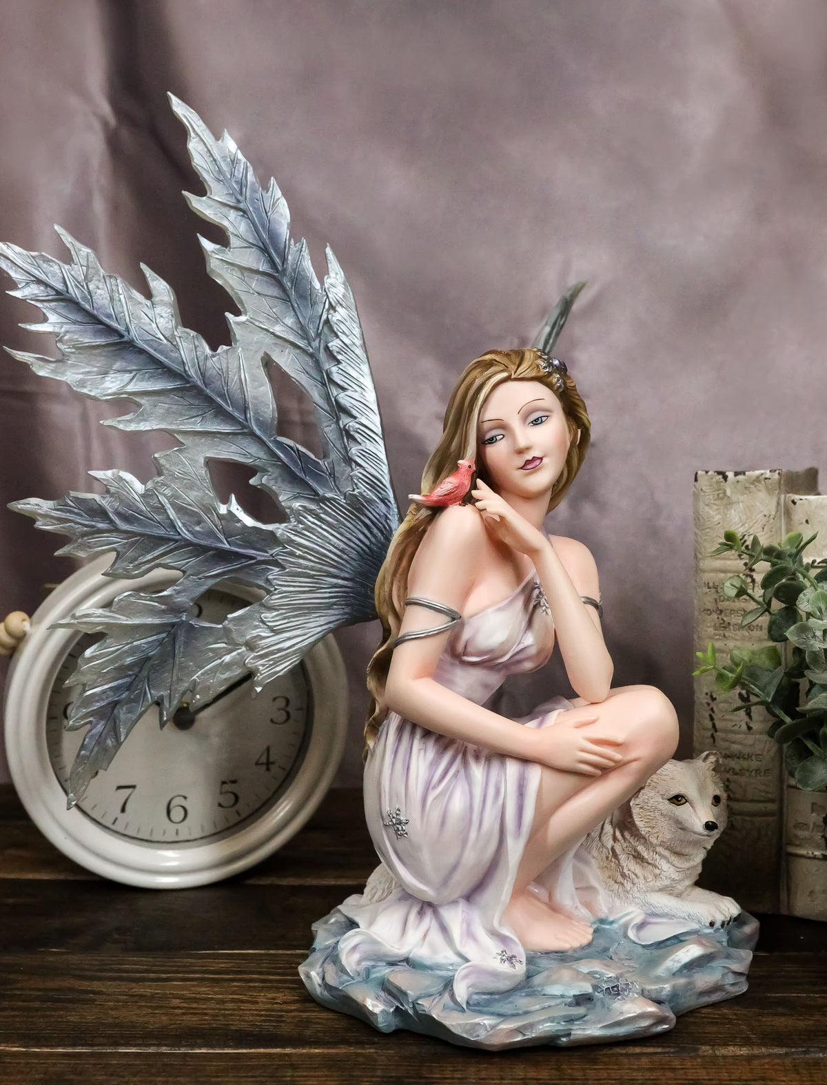 Blue Frozen Ice Fairy with Frost Flake Wings Crouching by Snow Wolf Pup Figurine