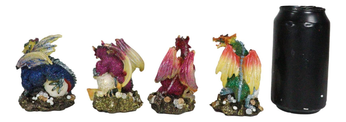 Set of 4 Metallic Red Green Pink Blue Dragons Crouching On Skulls Mini Figurines