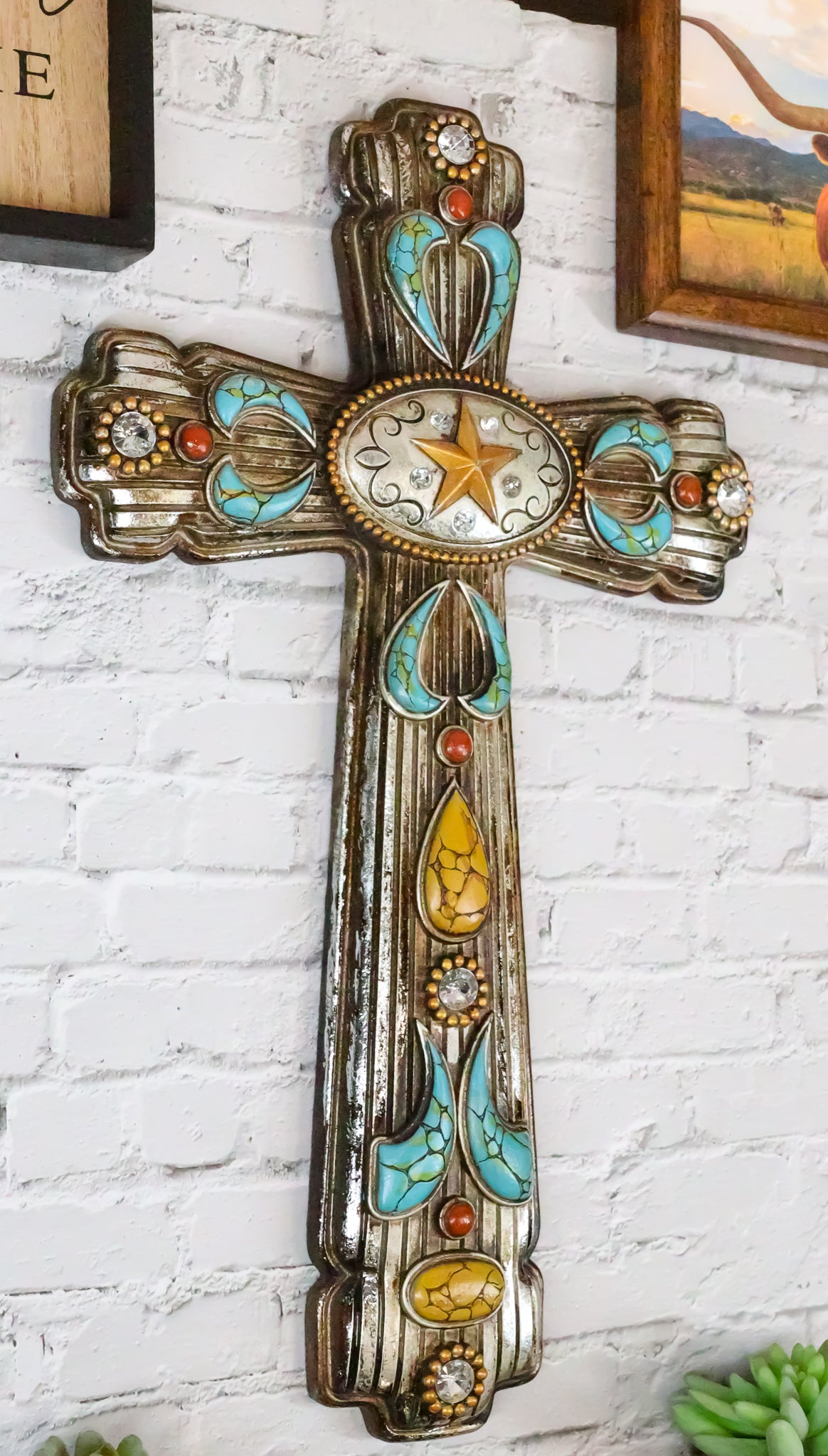 Rustic Southwestern Turquoise Ornate Patterns Western Star Concho Wall Cross