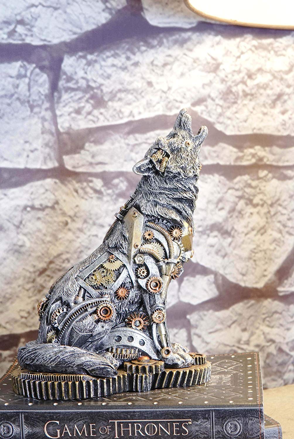 Ebros Steampunk Silver Alpha Wolf Howling Statue with Gears Base 7.5"H Figurine - Ebros Gift