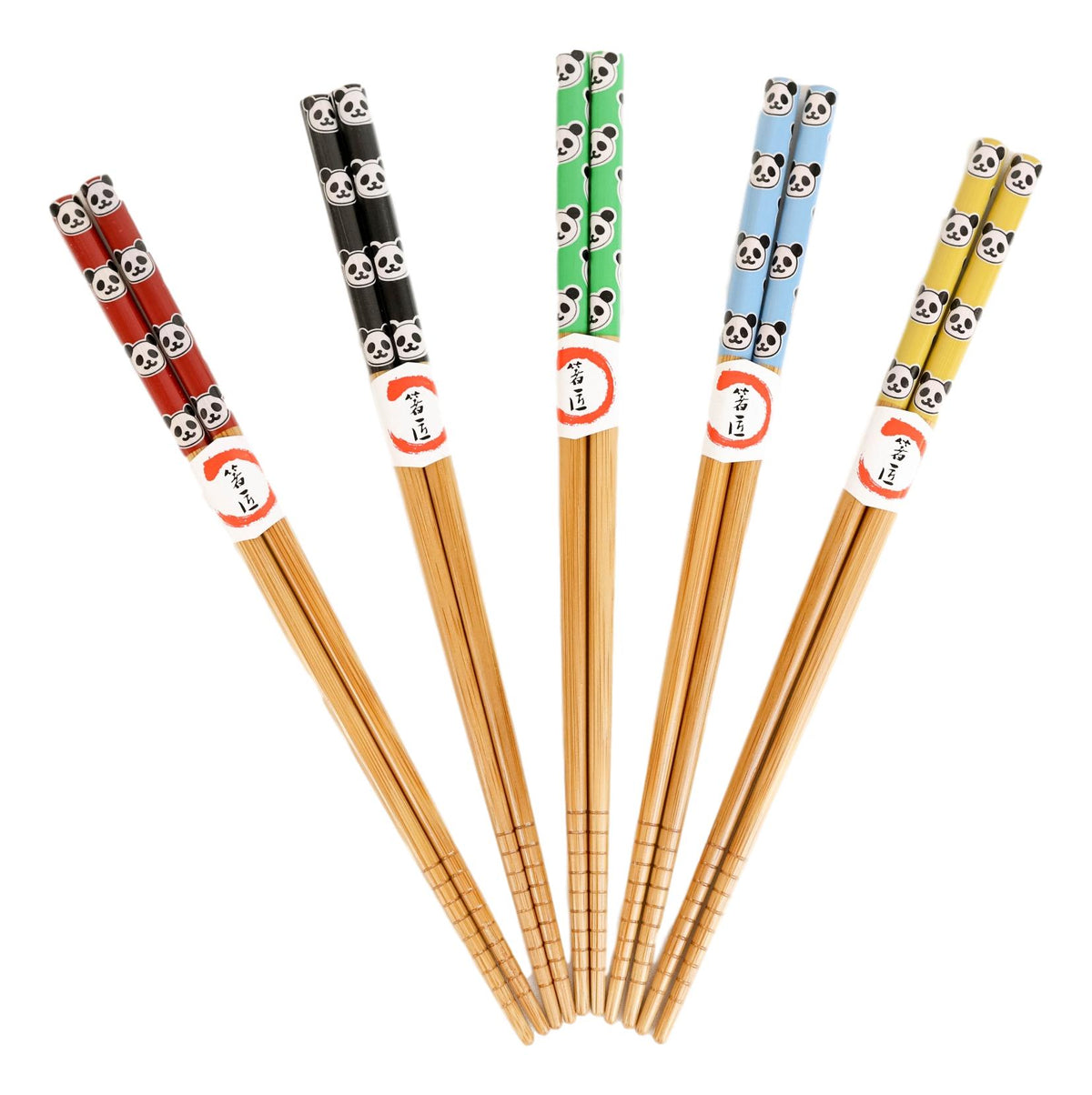 Reusable Bamboo Colorful Giant Panda Bears Set of 5 Ridged Ends Chopsticks Pairs
