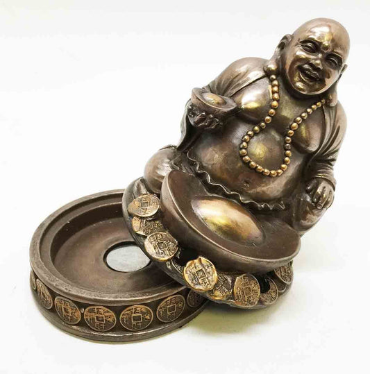 Ebros 4.25 Inch Lucky Buddha Bronze Finish Incense Burner Statue Figurine - Ebros Gift