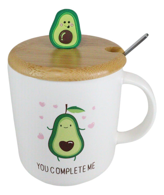 Pack Of 2 You Complete Me Avocado Hearts Ceramic Coffee Mug W/ Spoon And Lid Set
